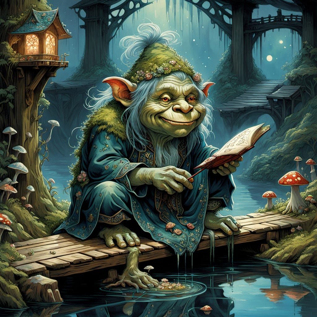 Moss Troll and Songbird in Dark Fantasy Art