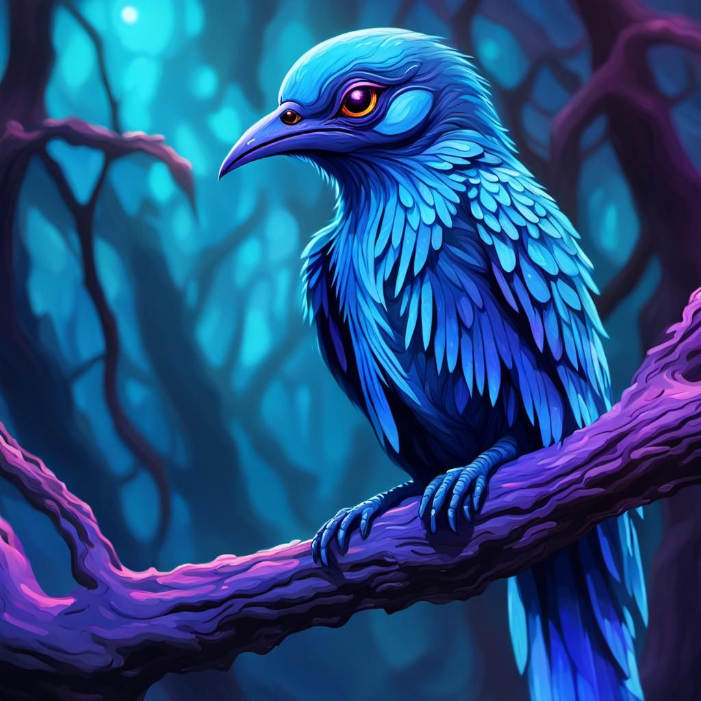 Blue Alien Bird on Glowing Tree: Concept Art