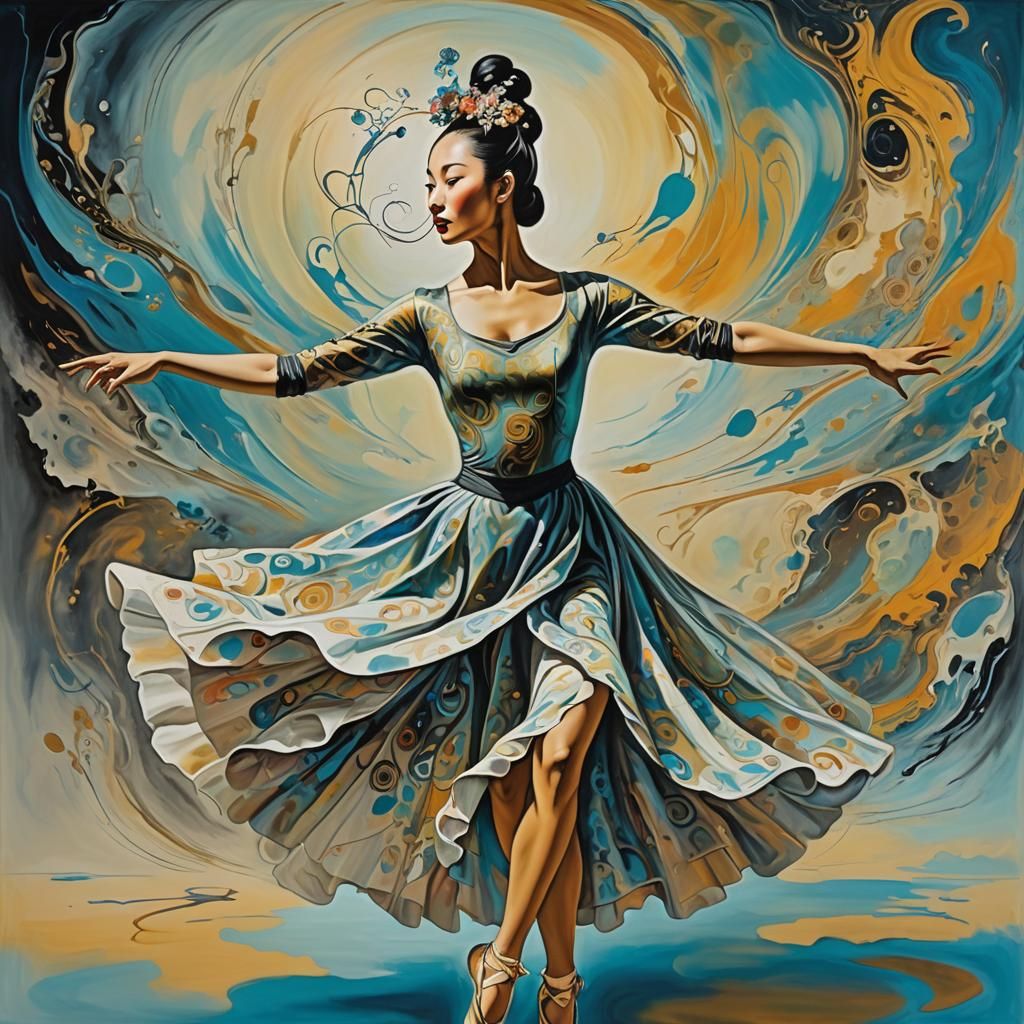 Surreal Asian Ballerina Painting in Dali Style