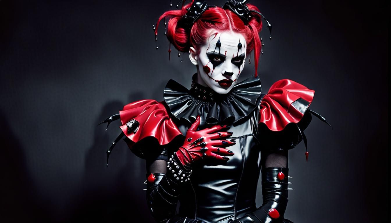 Sinister Clown Woman in Red and Black: Dark Fashion