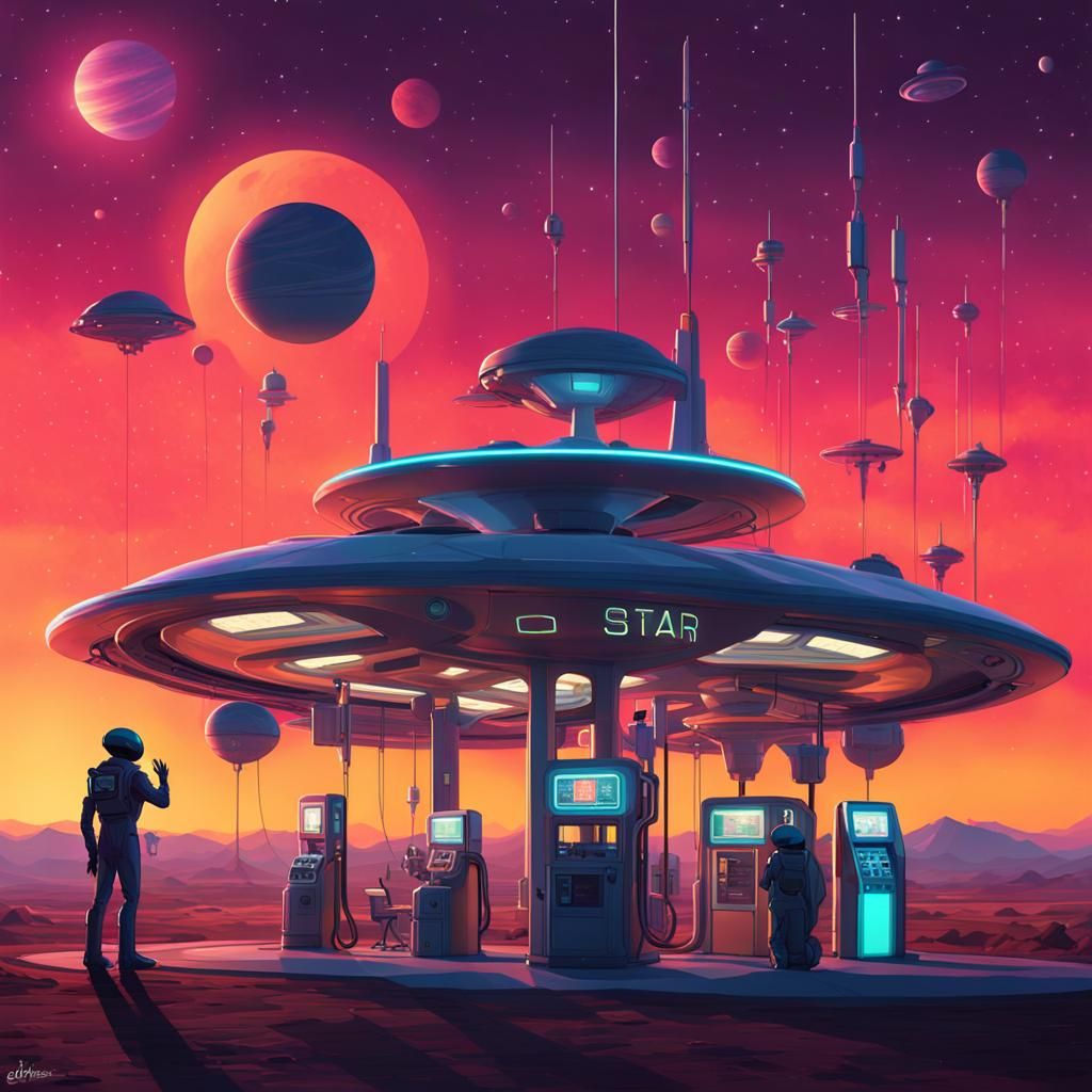 Alien Gas Station at Sunset: Sci-Fi Concept Art