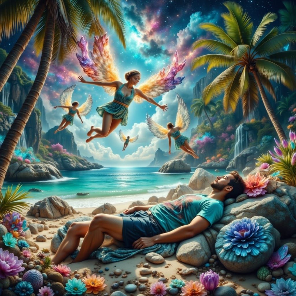 Crystal Angels Guarding Sleeper in Hyperrealistic Dreamscape