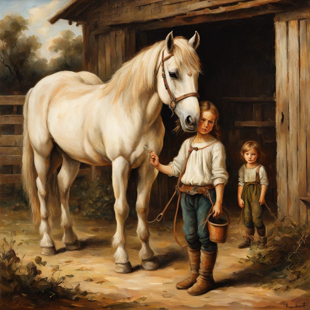 Girl and Pony on Farm in Rembrandt Oil Painting Style
