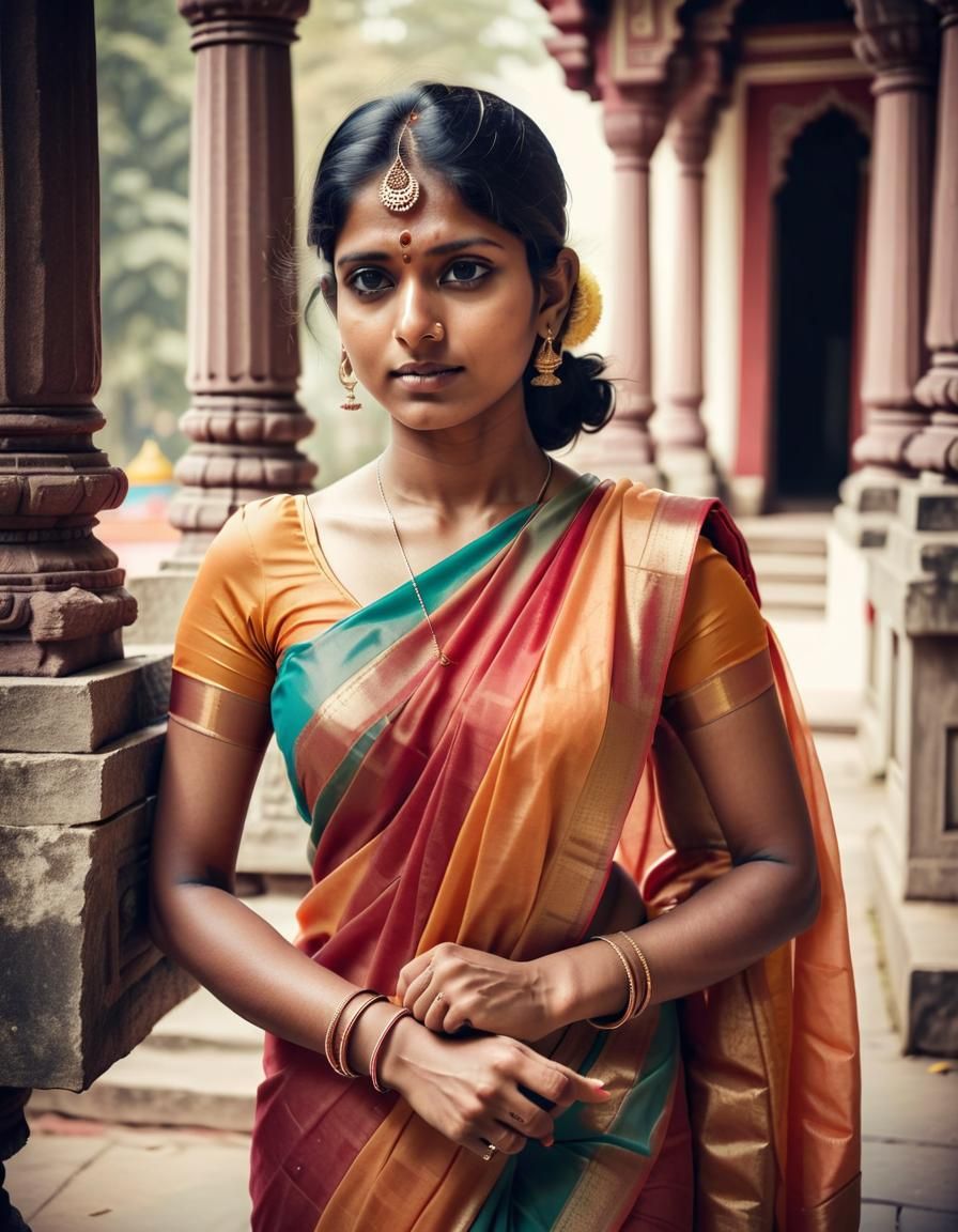 Indian Woman in Saree at Temple, Halftone Style
