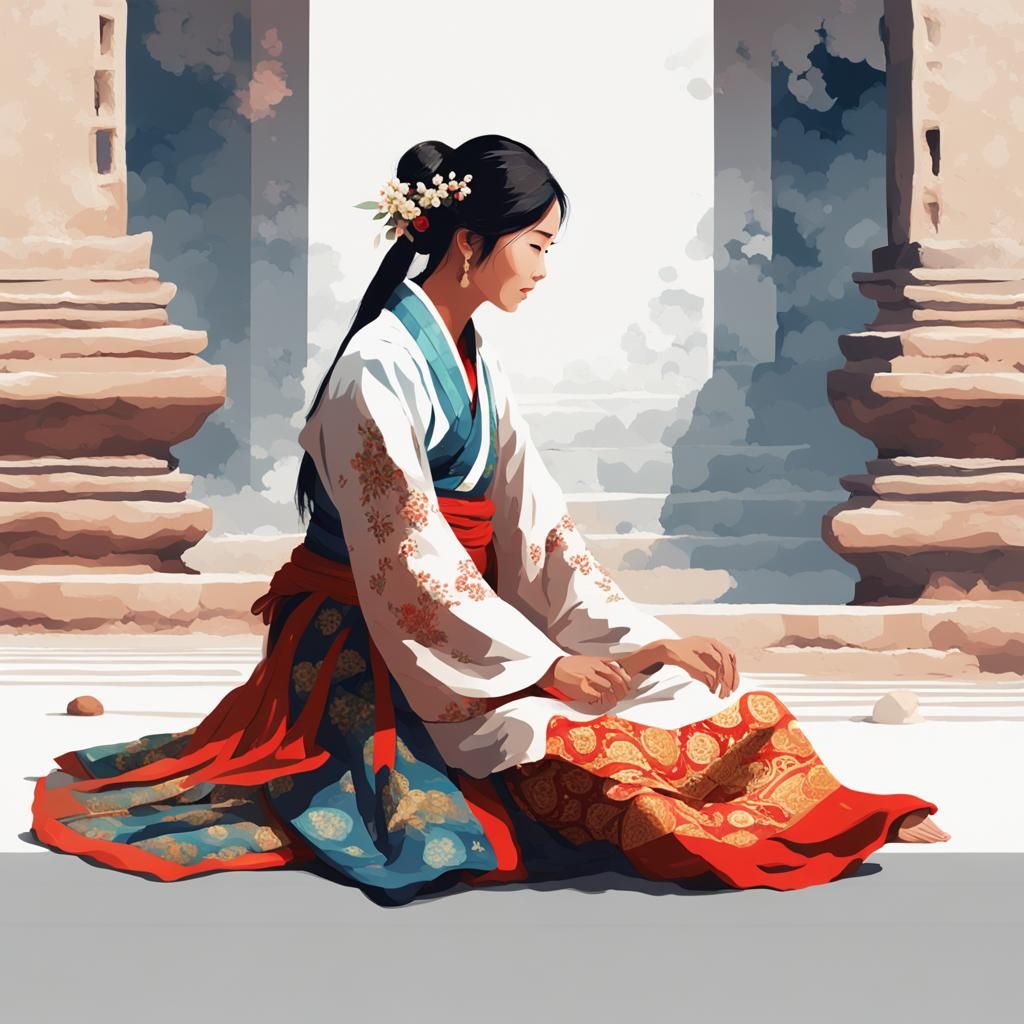 Pensive Asian Woman in Traditional Dress: Digital Art
