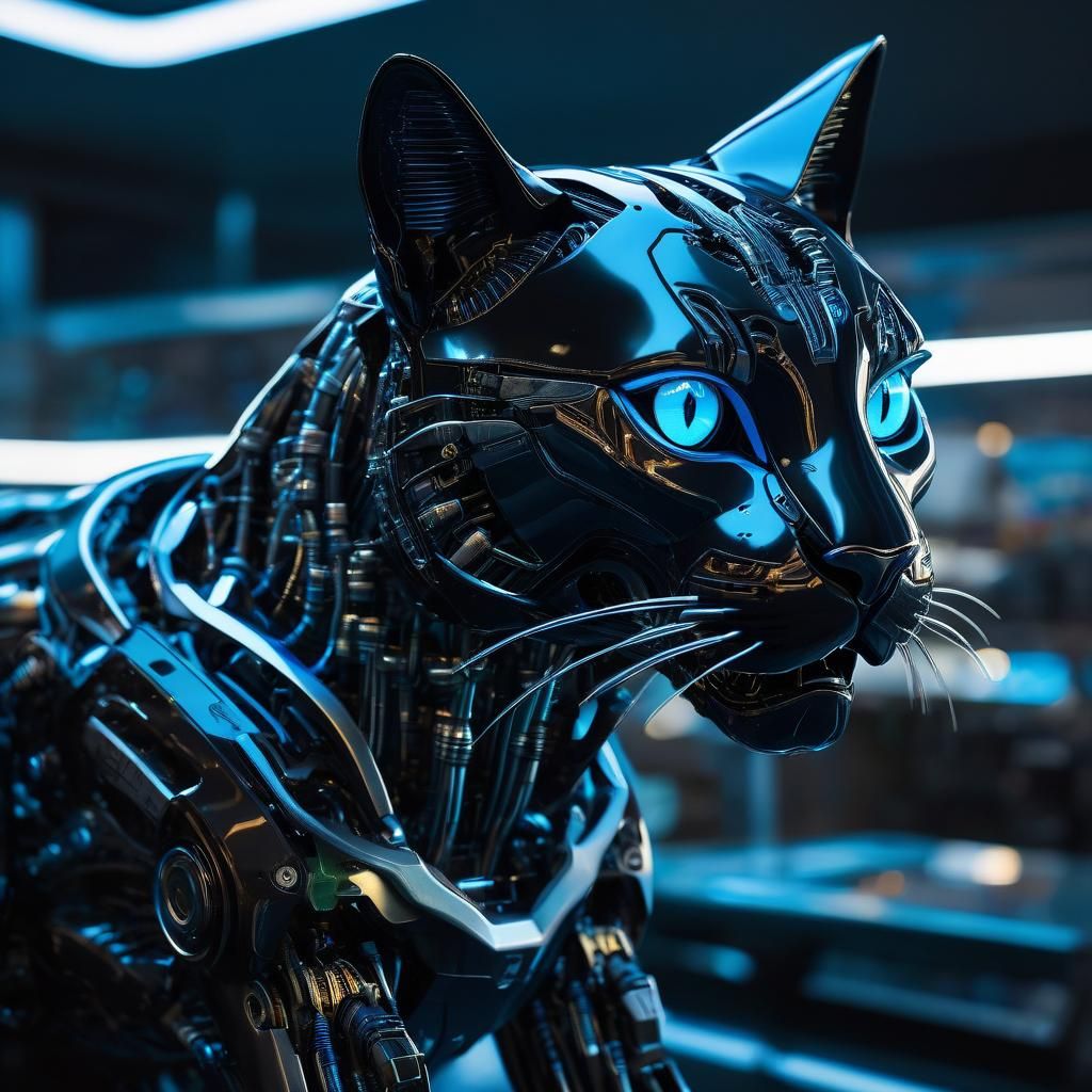 Robotic Black Cat Hybrid in Neon Showroom, Cyberpunk Style