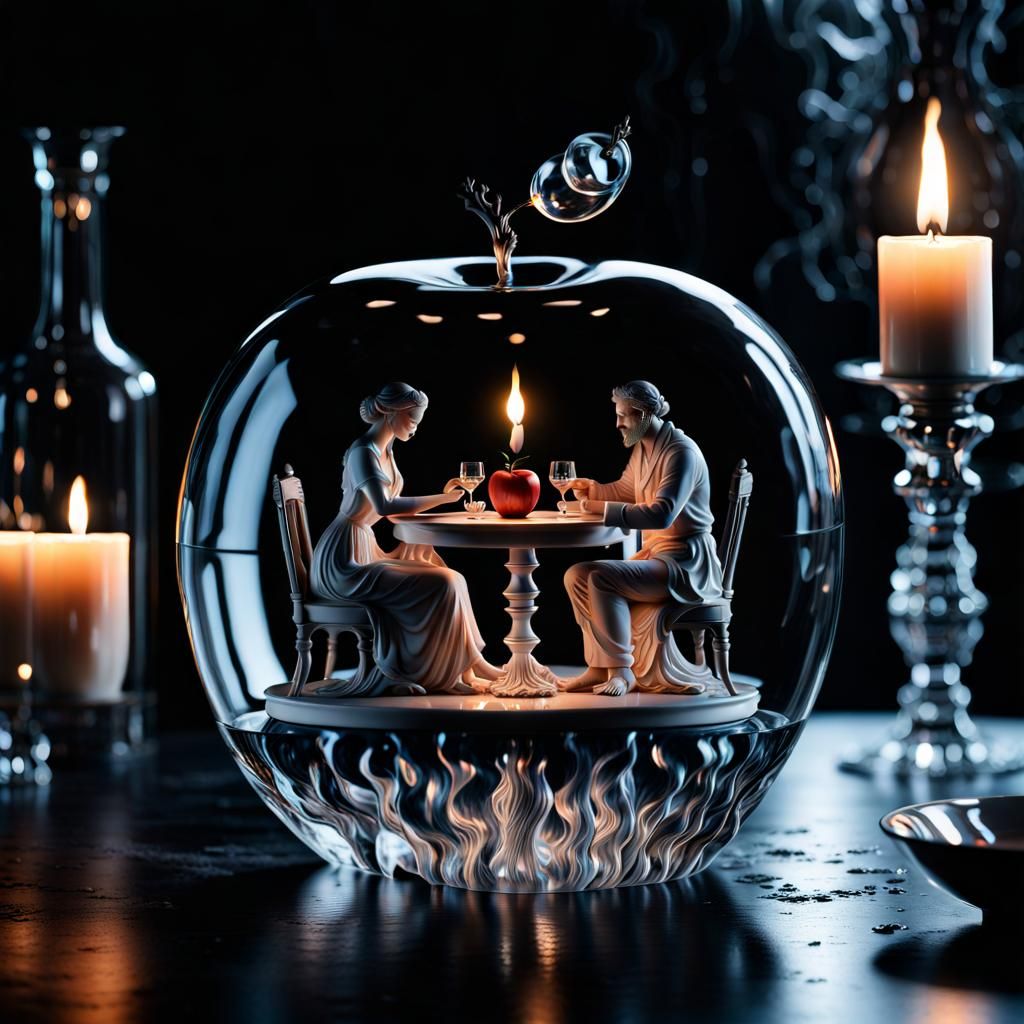 Levitating Crystal Apple with Lovers in a Moody Scene