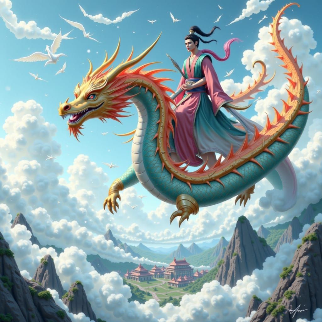 Cultivator Rides Dragon Through Clouds, Digital Painting