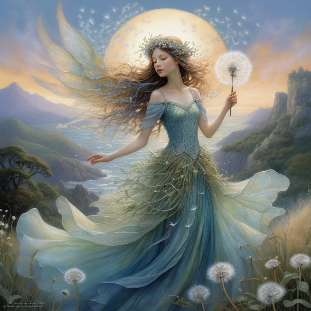 Whimsical Dandelion Goddess in Iridescent Oceanic Gown