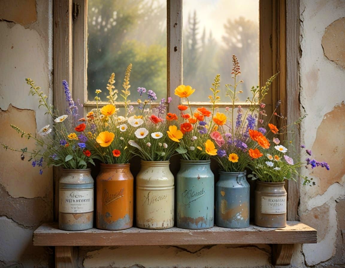 Rustic Blooms on Weathered Window Shelf