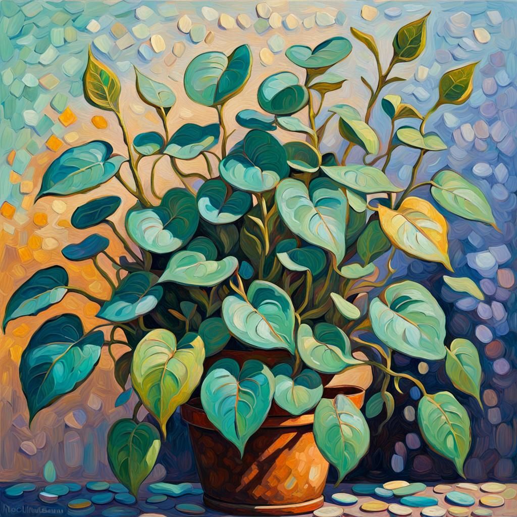 Money Plants Dropping Coins as Expressionist Oil Painting
