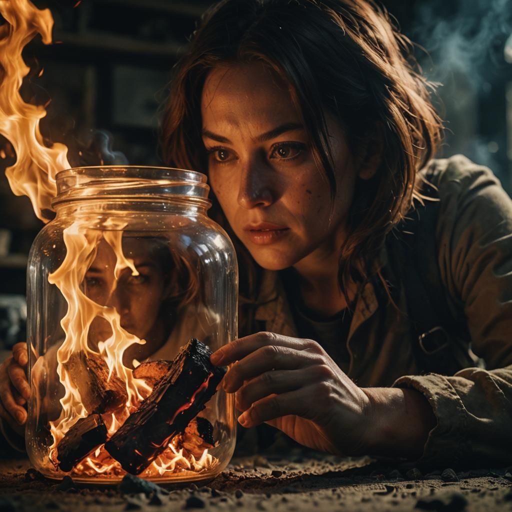 Woman Watches Fire in Jar: Cinematic Still