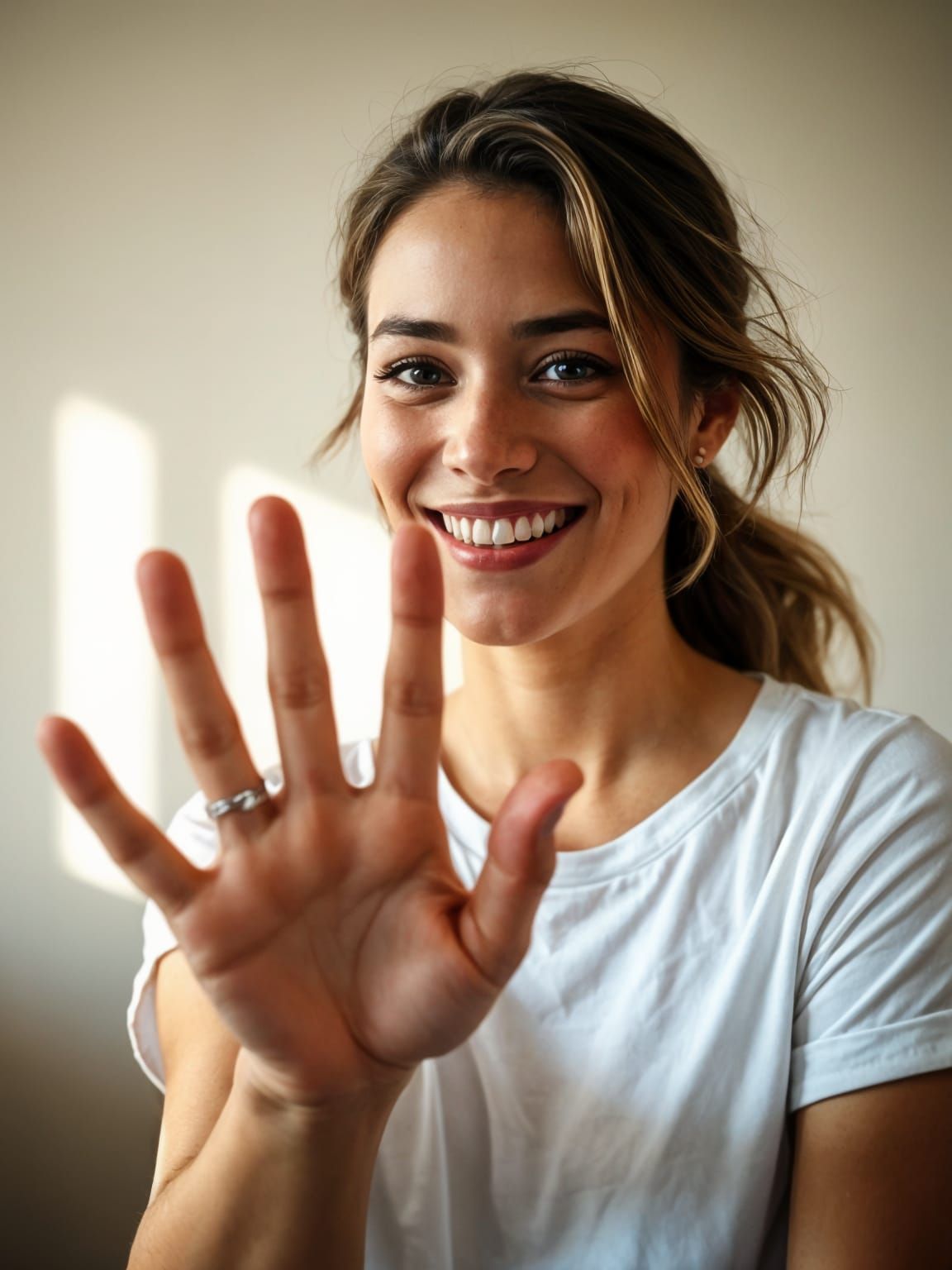 Woman Shows Five Fingers in an Intimate Moment with the Came...