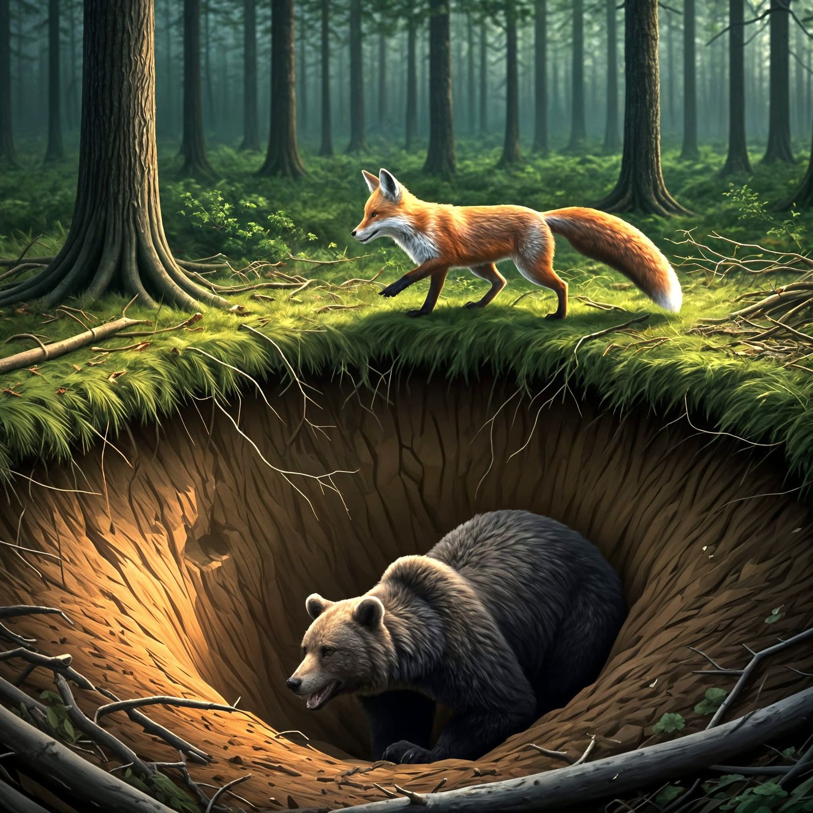 Photorealistic Fox Mocking Bear in Forest Pit