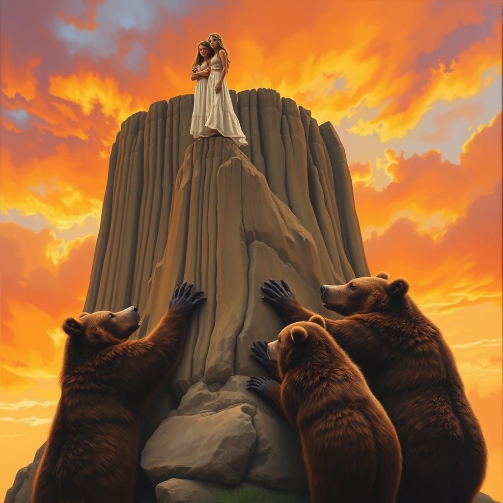 Romantic Devils Tower Oil Painting with Young Girls and Maje...