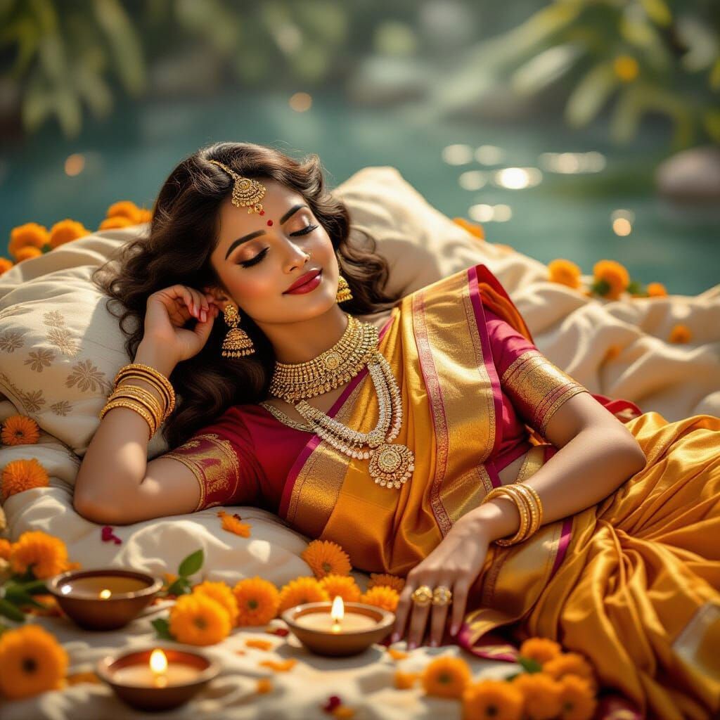 Hindu Woman in Serene Dreamscape, Classical Indian Art