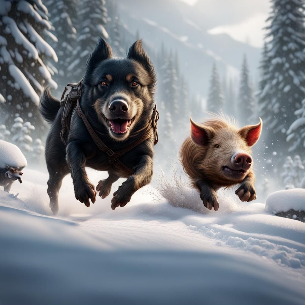 Dog Chasing Pig in Snowy Landscape