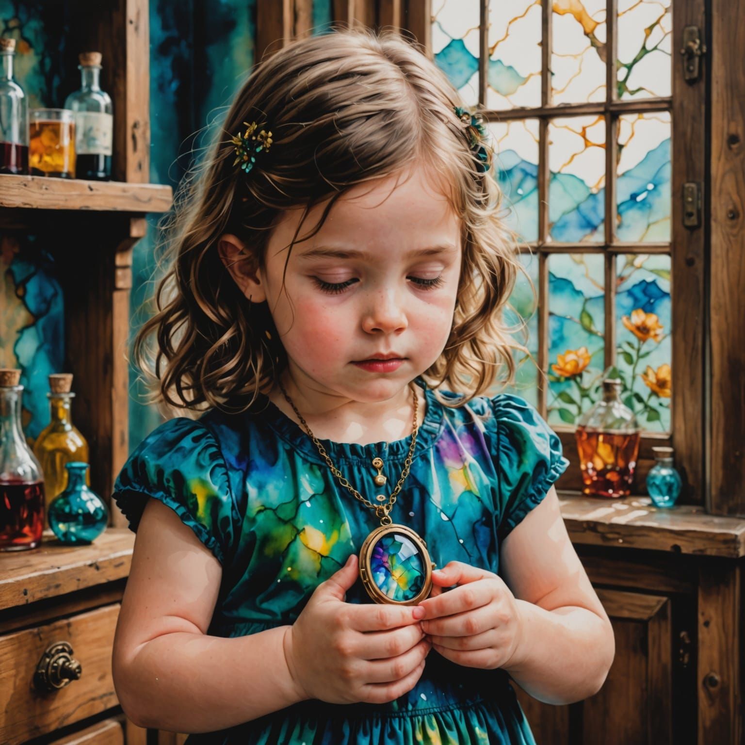 Girl Holding Locket in Alcohol Ink Style