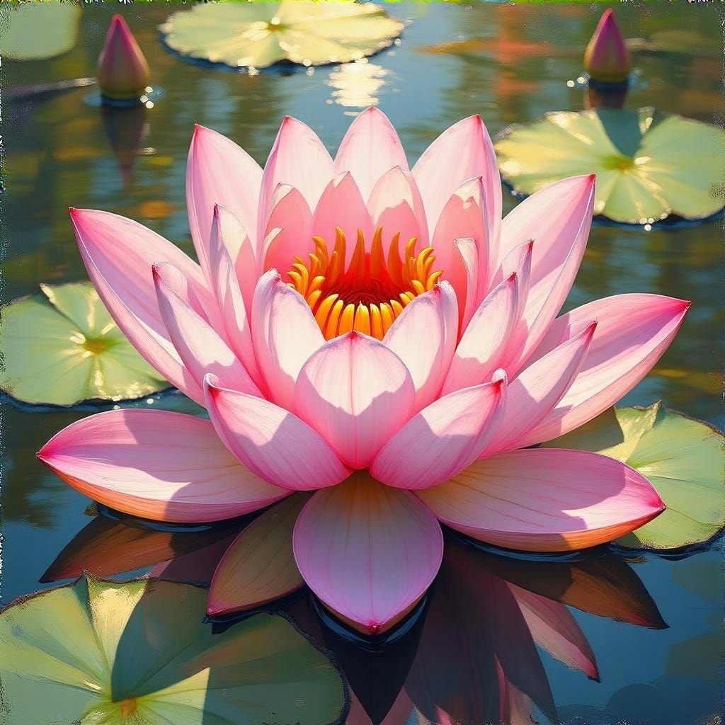 Serene Pink Lotus in a Sunny Pond, Impressionistic Masterpie...