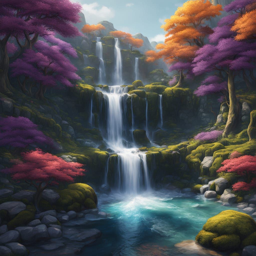 A majestic waterfall cascading down moss-covered rocks into ...