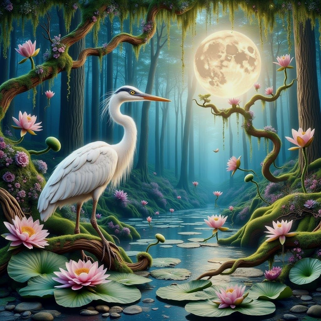 Whimsical Watercolor Heron Amidst Lilies Under Silvery Moonl...