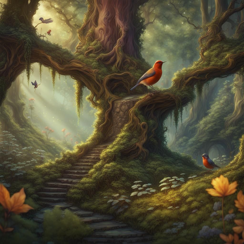 Woodland Bird in Fairy Forest, Edith Holden Style