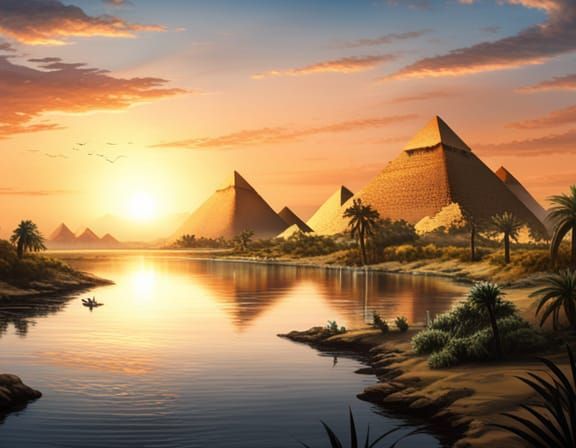 Nile River With Pyramids, Dark Fantasy Concept Art