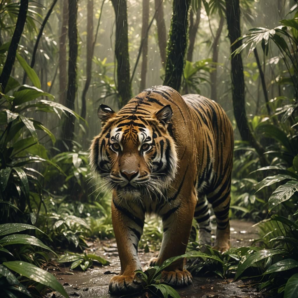 Cinematic Tiger Walking Through a Rainforest