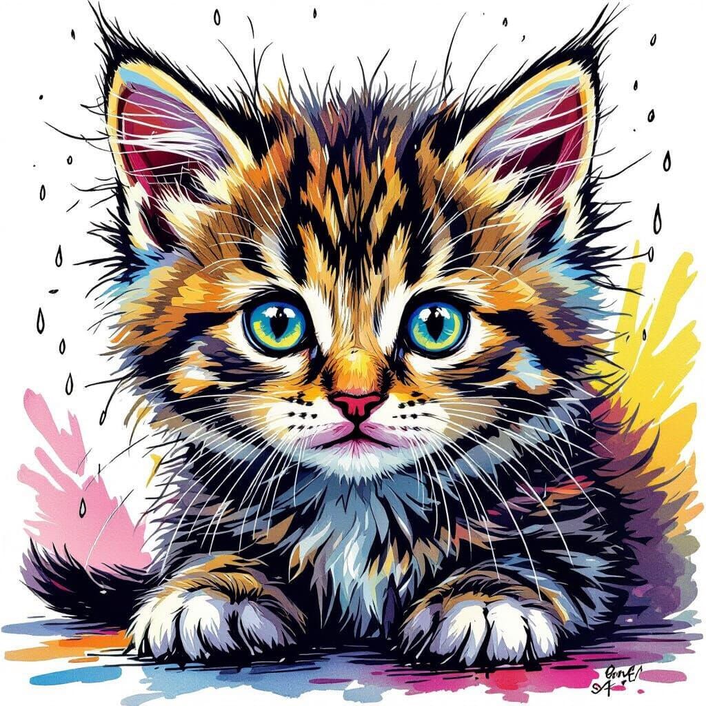 Wet Fluffy Kitten in Vibrant Pen and Ink Style