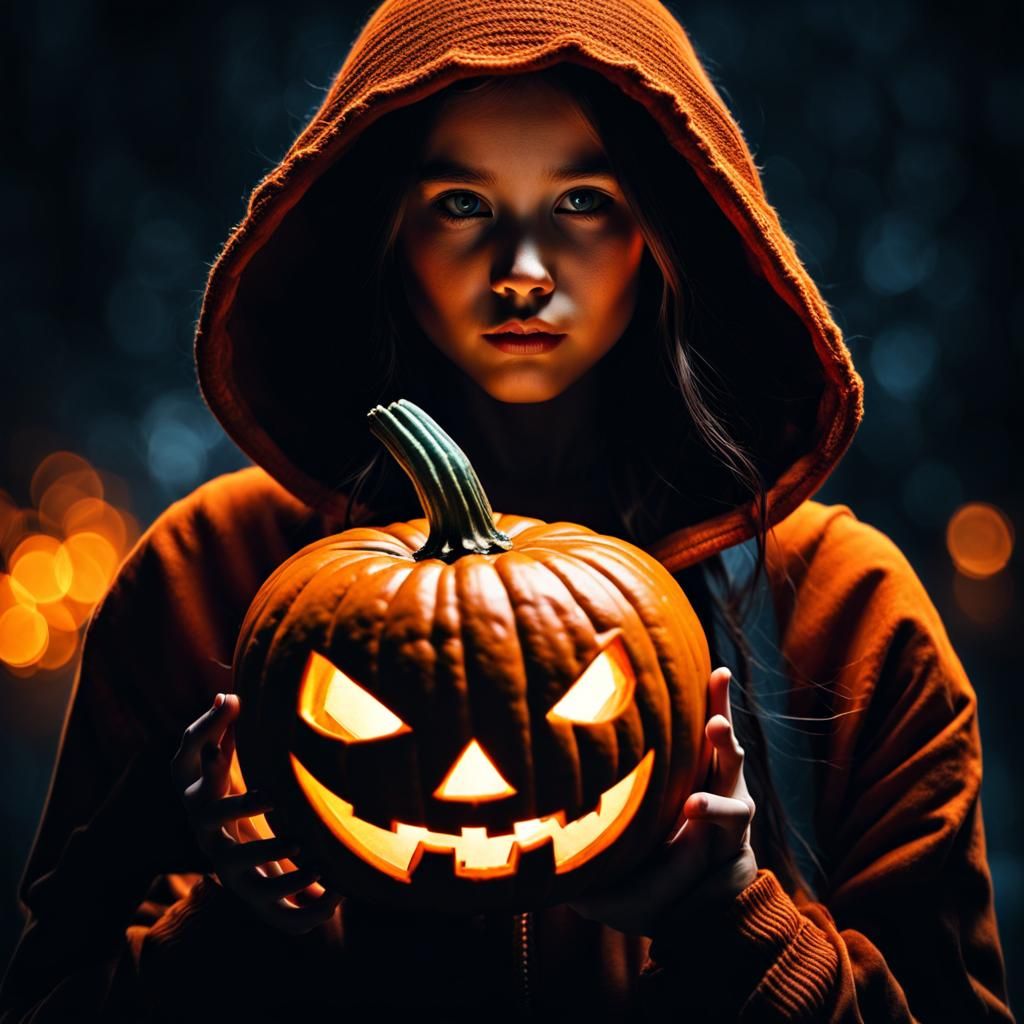 Girl with Jack-o'-Lantern Head, Hyperrealistic Image