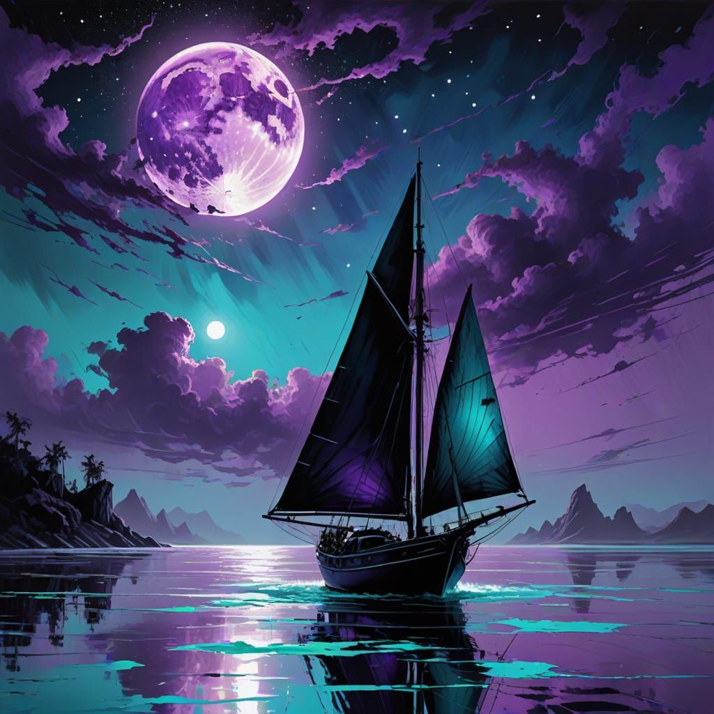 Electric Turquoise Sailboat on Bioluminescent Ocean