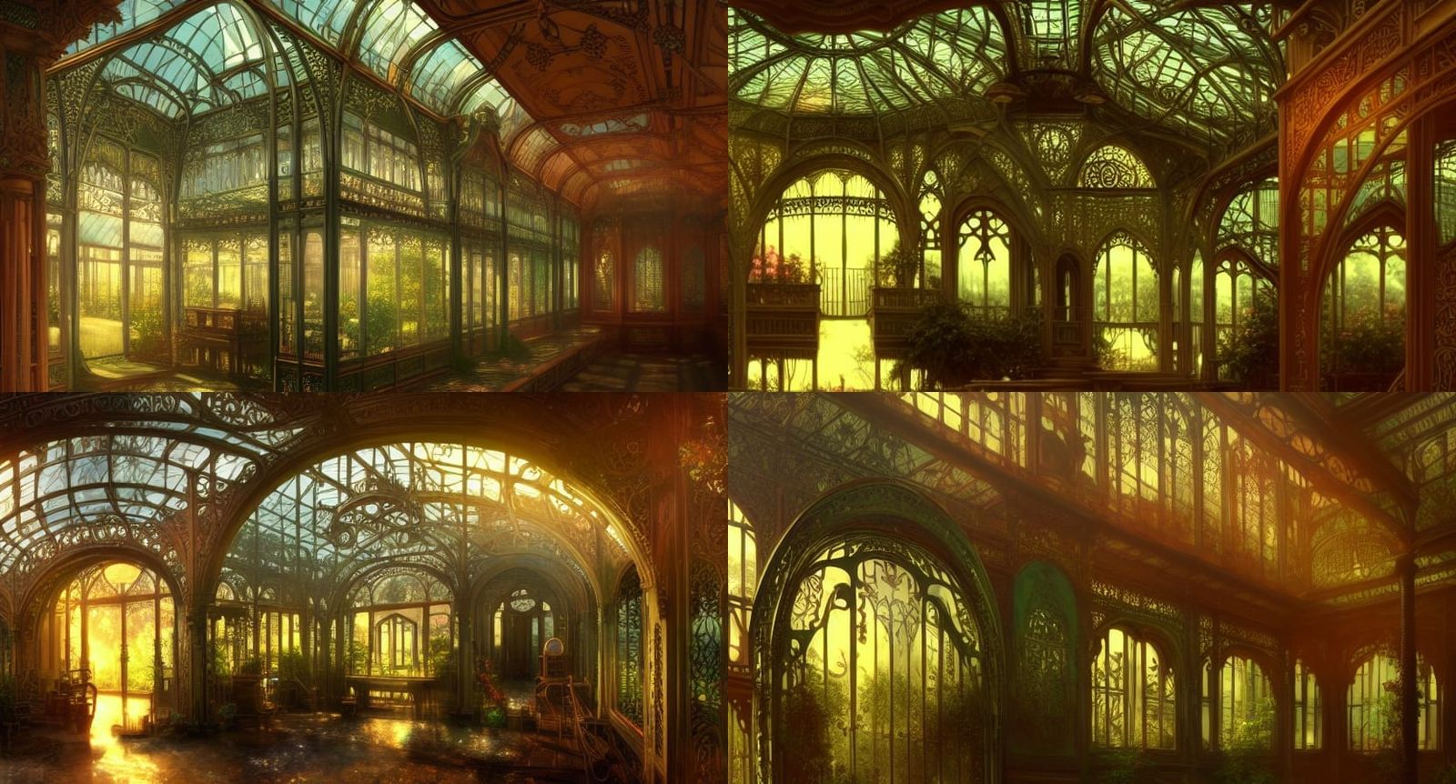 Victorian Glass Greenhouse with Wisteria, Art Nouveau Style