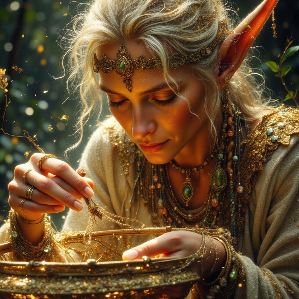 Elven Artisan Weaving Magic Baskets in Folk Art Style