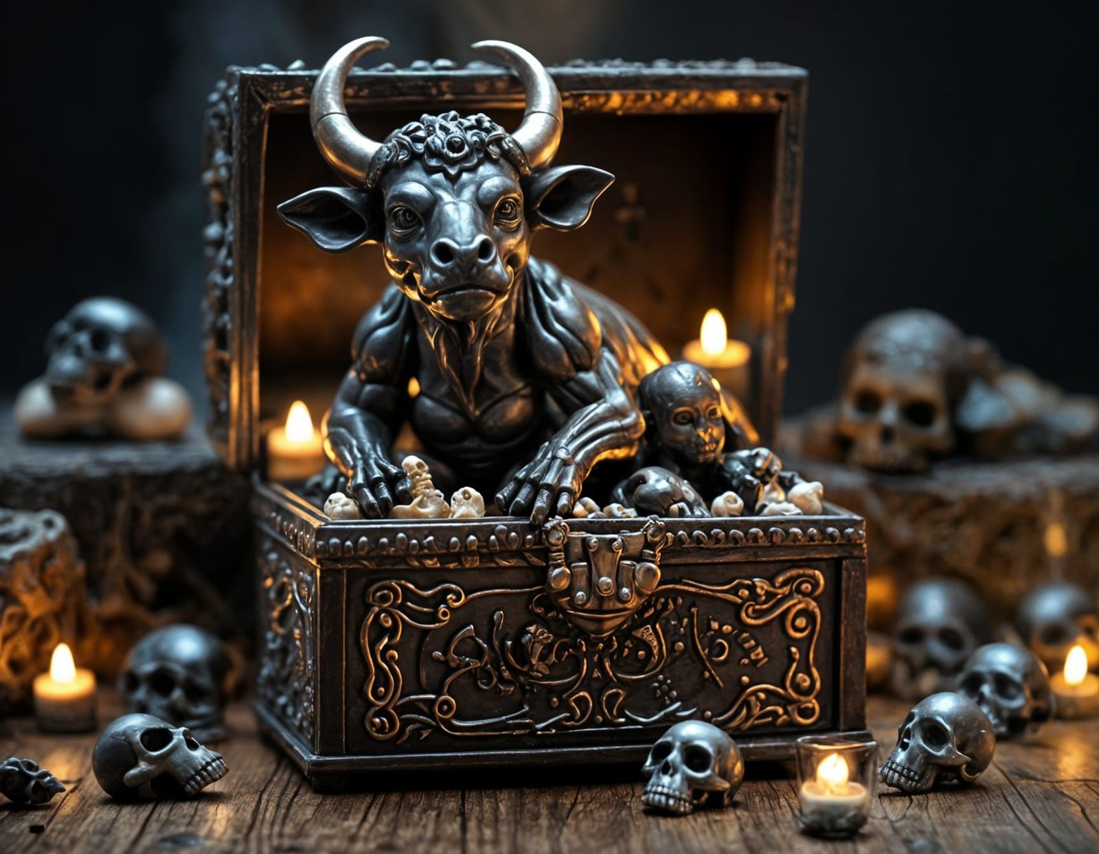 Miniature Baby Minotaur in Skull Jewelry Box