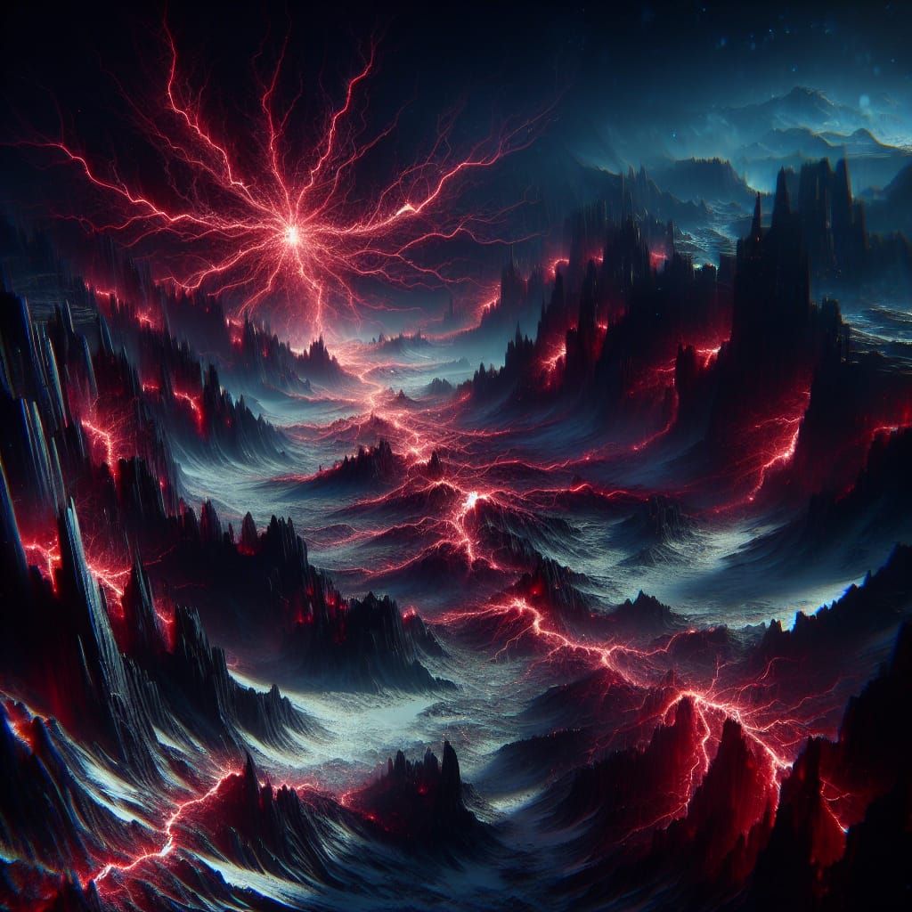 Surreal Winter Planet Lit by Red Spider Lightning