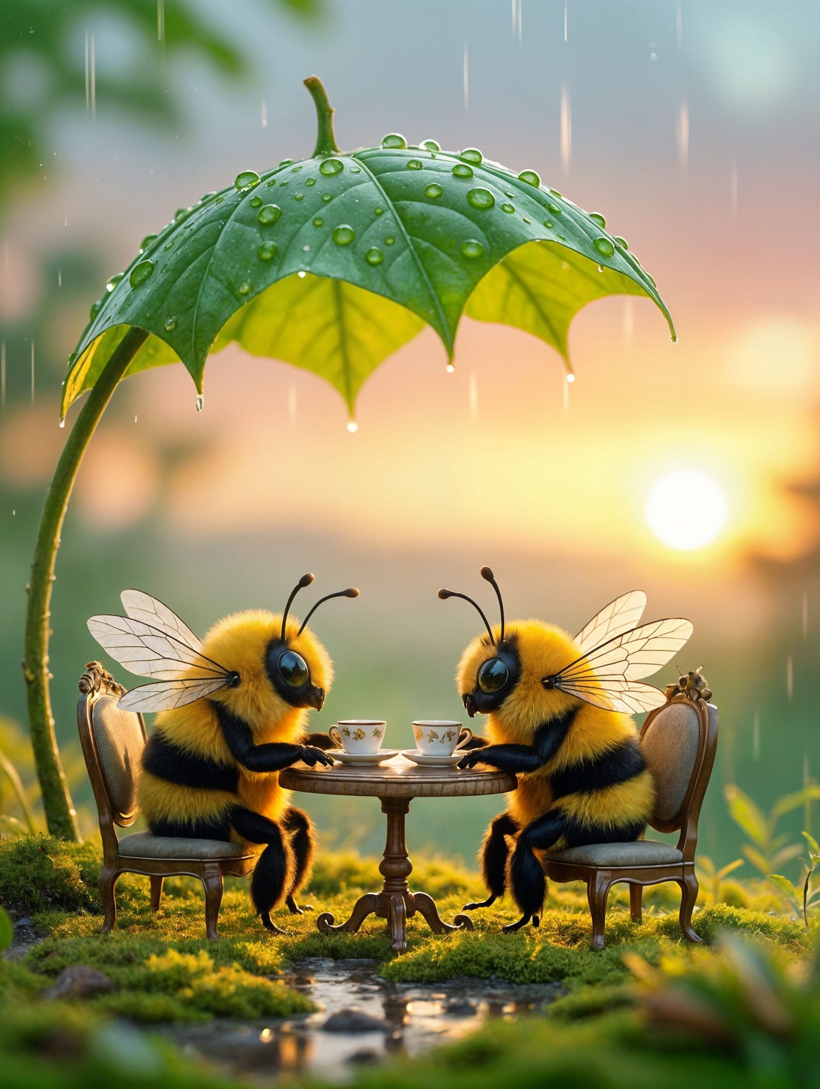 Whimsical Bees Enjoy Tea in the Rainy Garden
