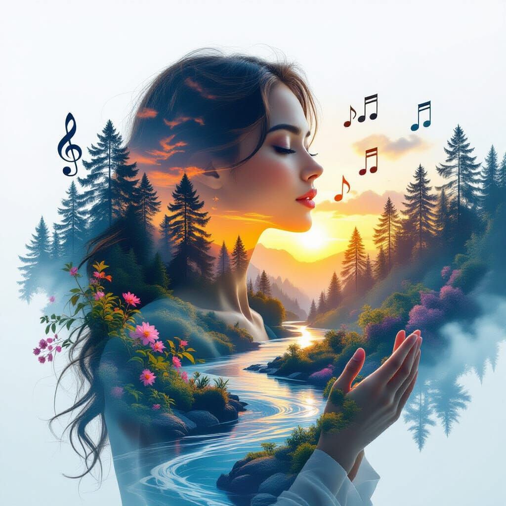 Ethereal Woman Singing Nature Double Exposure Art