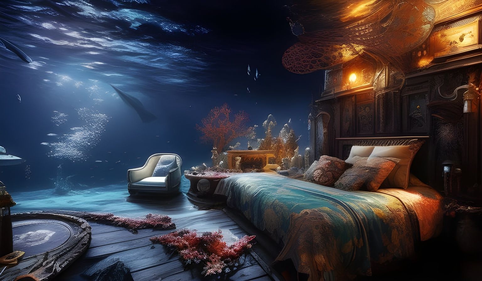 Bioluminescent Underwater Bedroom: Hyperdetailed Digital Ren...