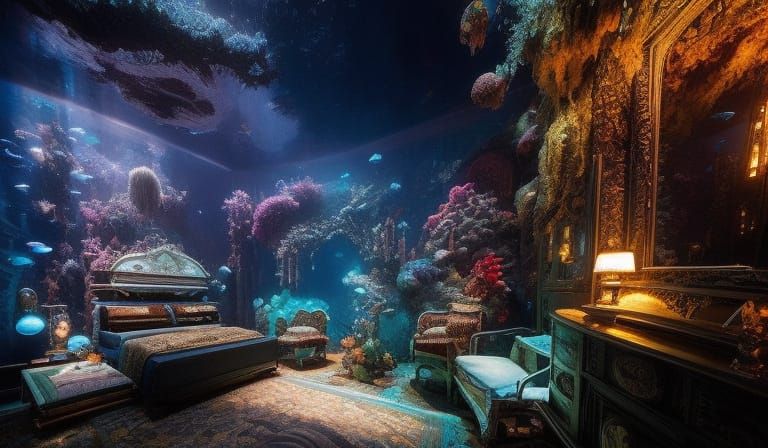 Bioluminescent Underwater Bedroom in Digital Art Style
