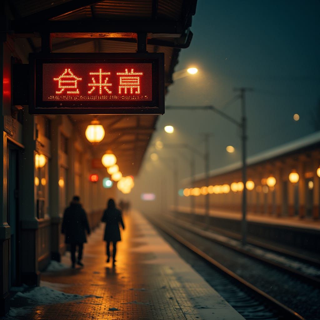 Quiet Chinese Train Station at Night in Soft Golden Light
