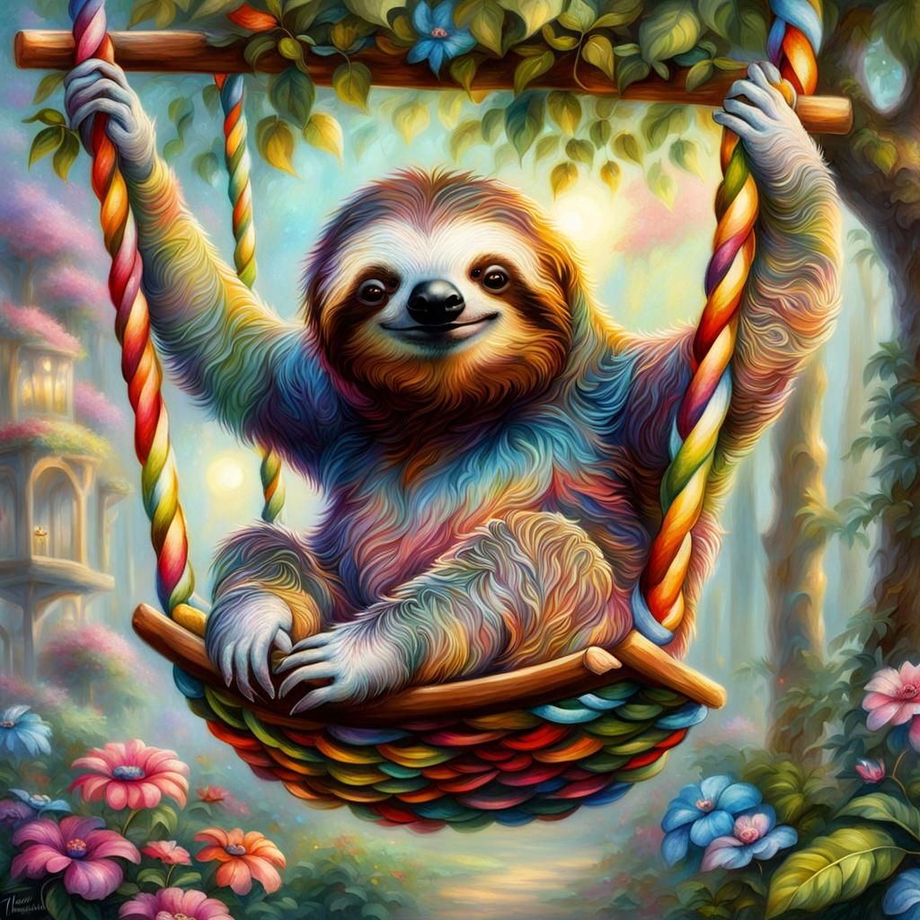 Happy Sloth on Garden Swing: Ethereal Fantasy