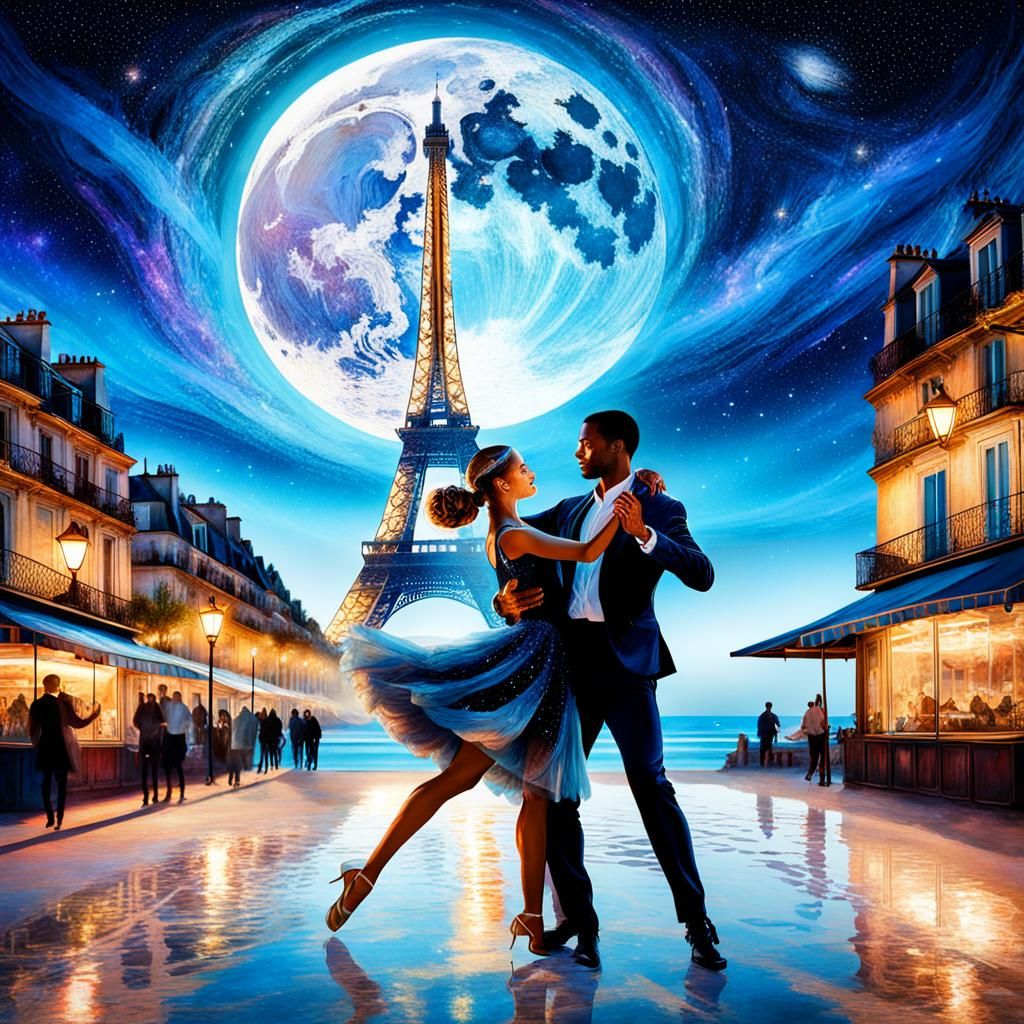 Moonlit Dance: Paris Beach Double Exposure