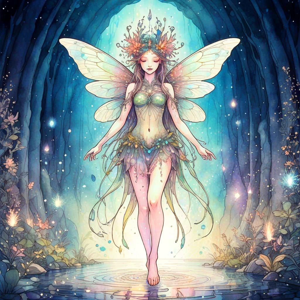 Divine Fairy Dances in Bioluminescent Grotto, Watercolor Pai...