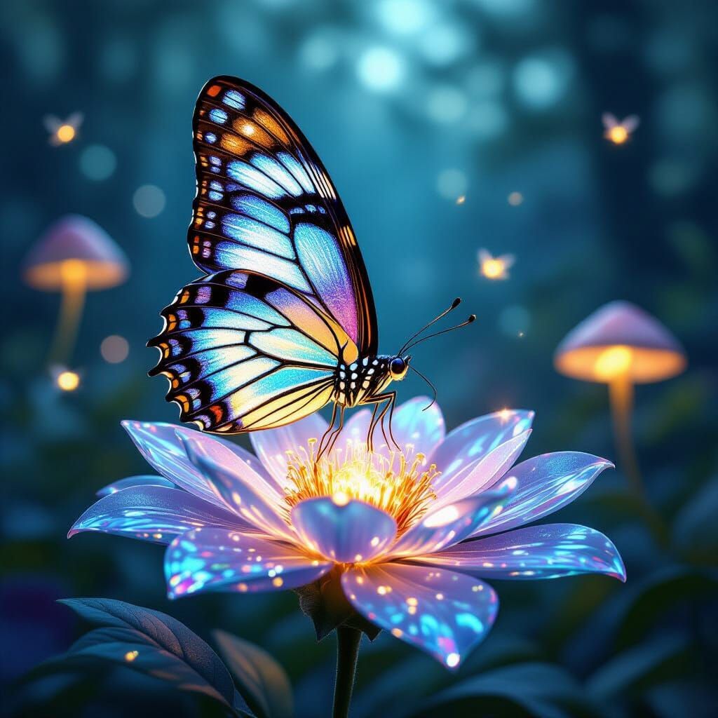 Fantasy Butterfly on Crystal Flower in Enchanted Forest