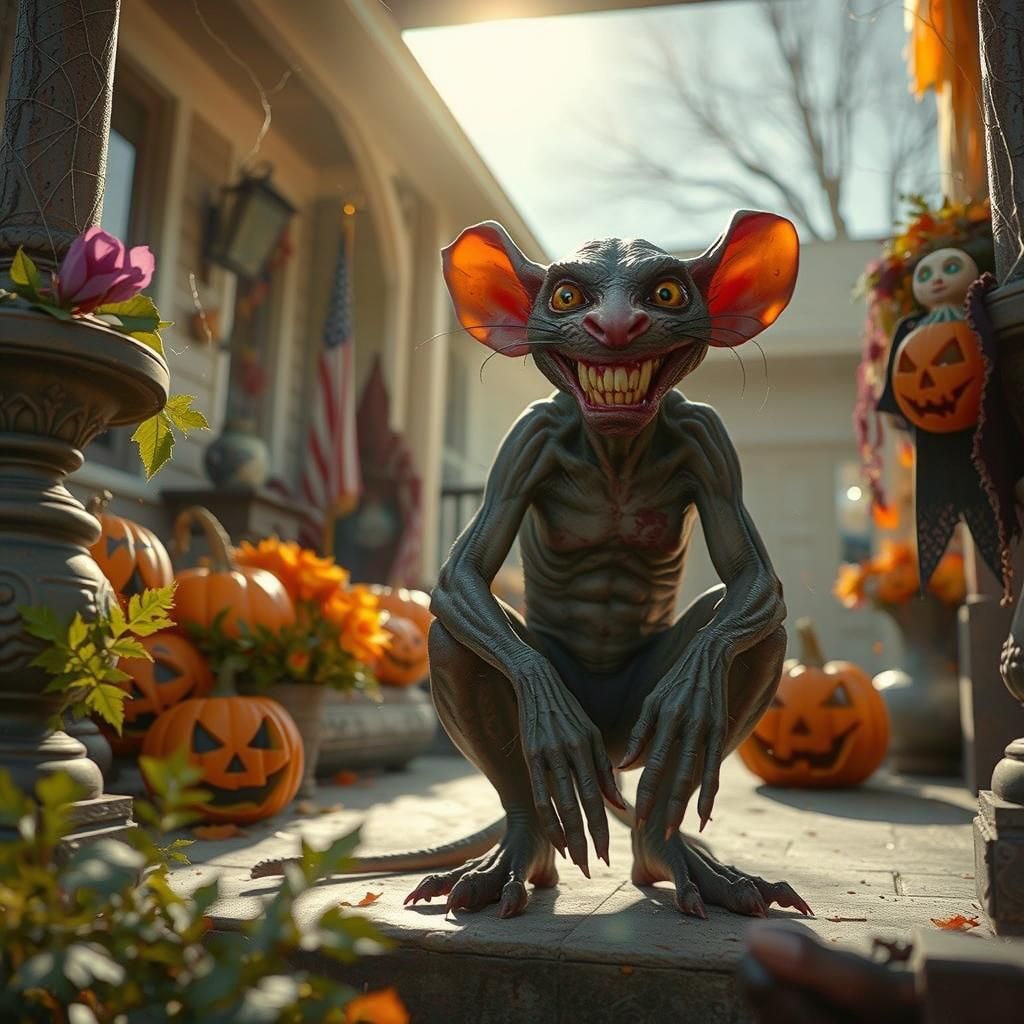Grotesque Rat-Man on Porch in Dark Gothic Style