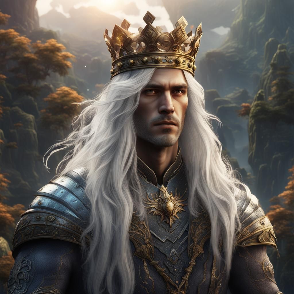 Crowned Youth with White Hair in Detailed Fantasy Art