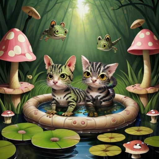 Kitten-Frog Hybrid in Snake Mouth: Surreal Pixar Style