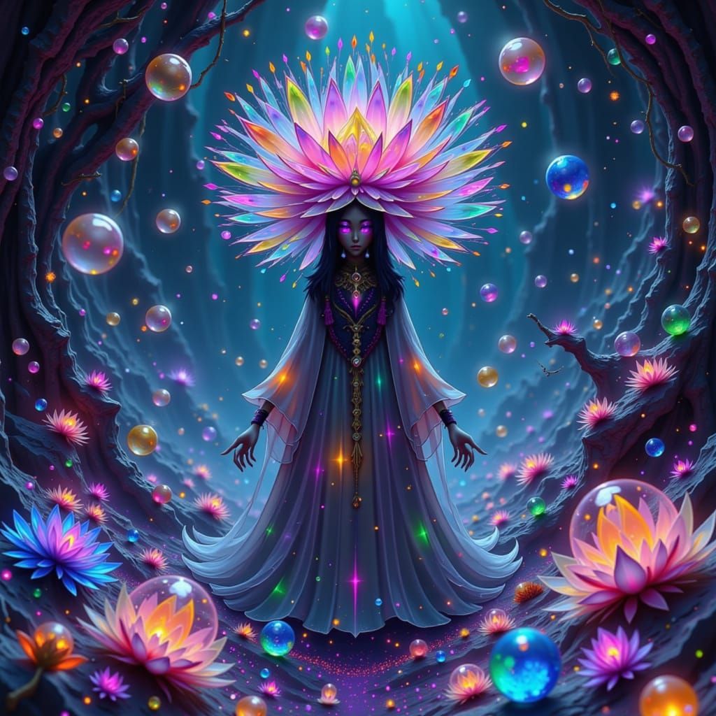 Whimsical Adventurer in Bioluminescent Crystal Cavern