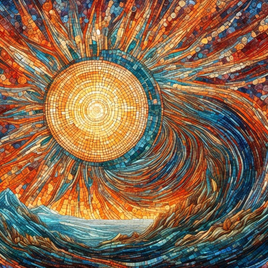 <lora:mosaicify:1.0> Mosaic of the large sun with sunbeams stretching  out to the land intricate details. Geometric desi...