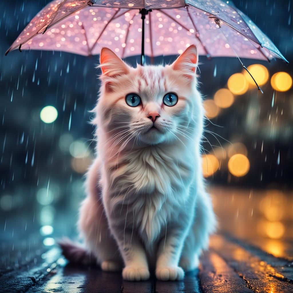 Pastel Cat in Rainy Starry Night: Hyperrealistic Image